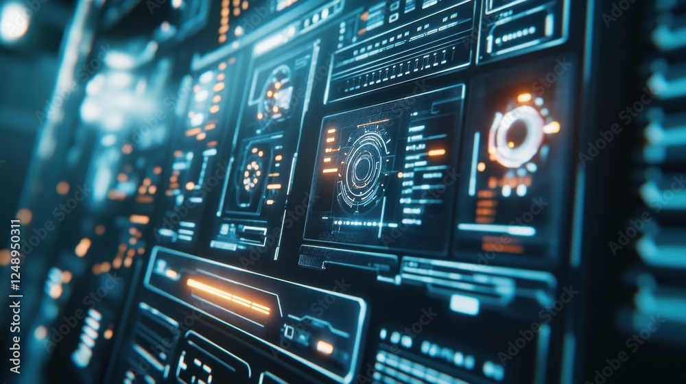 Poster high tech digital interface displaying complex data and graphics, showcasing futuristic technology i