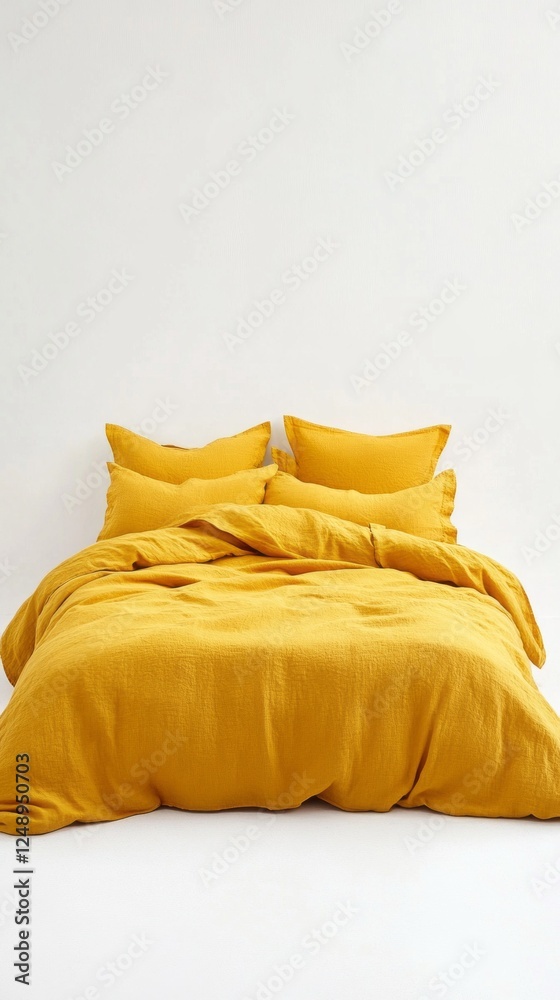 Poster a vibrant yellow duvet cover and matching pillows elegantly arranged on a soft bed create a cozy and