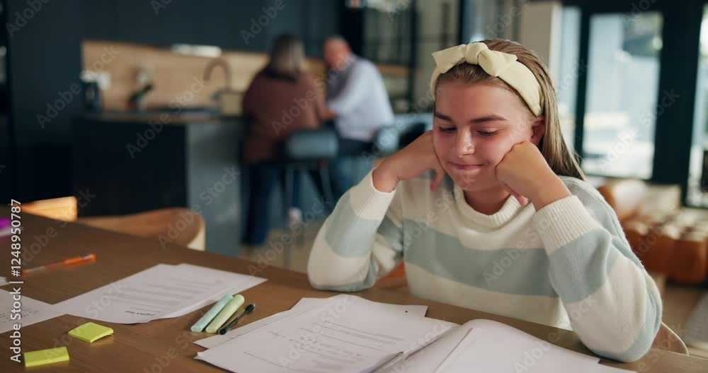 Poster homework, stress and girl with notebook in home for learning, education and studying for test. schoo