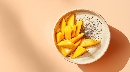 A minimalist shot of a yogurt bowl garnished with mango slices and chia seeds, placed on a peachy background with soft shadows.