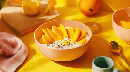 A lifestyle shot of a yogurt bowl with mango and chia seeds, styled with modern tableware and tropical vibes on a bright surface.