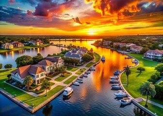 Obraz premium Aerial View Luxurious Sunset Waterfront Community Upscale Homes