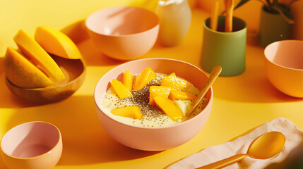 A cozy breakfast setup featuring a yogurt bowl with fresh mango slices and chia seeds, surrounded by pastel-colored bowls and props.