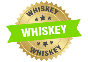 whiskey. whiskey round green and gold label isolated on transparent background