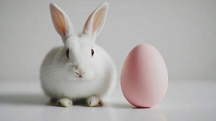 Obraz premium Happy Easter adorable white rabbit with pastel pink egg on minimalist white background, Happy Easter concept