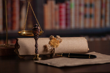 Vintage stamp, envelope and testament. Notary public tools