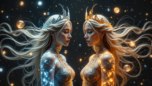 Ethereal Gemini figures intertwined with cosmic light, duality symbolism