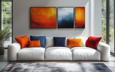 Stylish living room with white sofa colorful cushions and vibrant wall art
