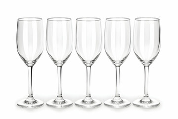 Five empty wine glasses on white background
