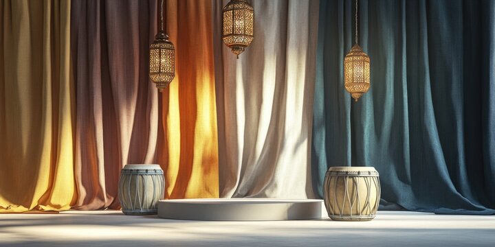 The curtains on the stage are vibrant and colorful, creating a beautiful and artistic ambiance for performances.