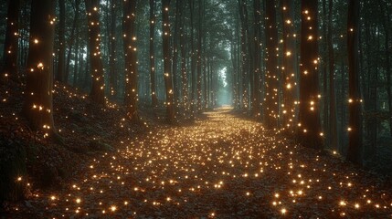 Magical Forest Pathway With Glowing Lights