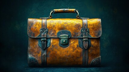 Antique leather briefcase on dark teal background