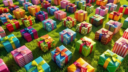 Aerial View of Colorful Gift Boxes Arranged in a Festive Pattern