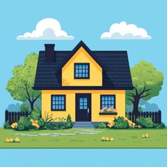 Naklejka premium Charming Yellow Suburban House With Dark Roof and Lush Greenery, Framed by Trees and Cloudy Sky, Artistic Illustration of Quaint Residential Architecture