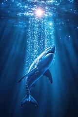 Naklejka premium Great white shark surrounded by abstract bubbles and glowing light beams