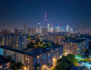 Naklejka premium Night City Skyline: Illuminated Buildings and Tower, Vibrant Metropolis at Dusk, Captivating Urban View