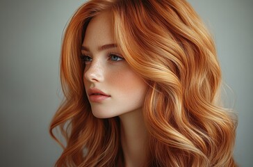 Naklejka premium Portrait of Beautiful Girl with Long Wavy Red Hair Smiling in Elegant Fashion Beauty with Healthy Curls