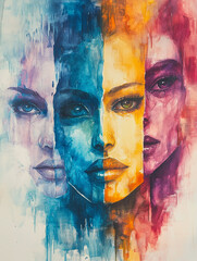 A surrealistic portrait watercolor painting abstract of a woman with colorful hair with colored hair and eyes.