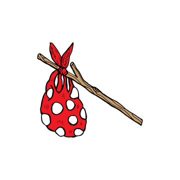 Cartoon doodle of a bindle, red polka-dotted cloth sack tied to a brown stick.