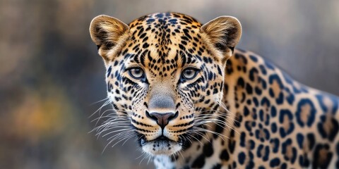 Obraz premium A baby jaguar cub in a close-up, showcasing its distinctive brown spots and large eyes. This image highlights the beauty of wildlife and could be used for conservation or nature-related themes.