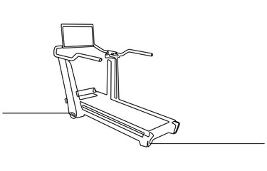 This is a one line drawing of a young energetic woman running and walking on a treadmill at a gym fitness center in a modern illustration, Continuous one line Exercise Treadmill