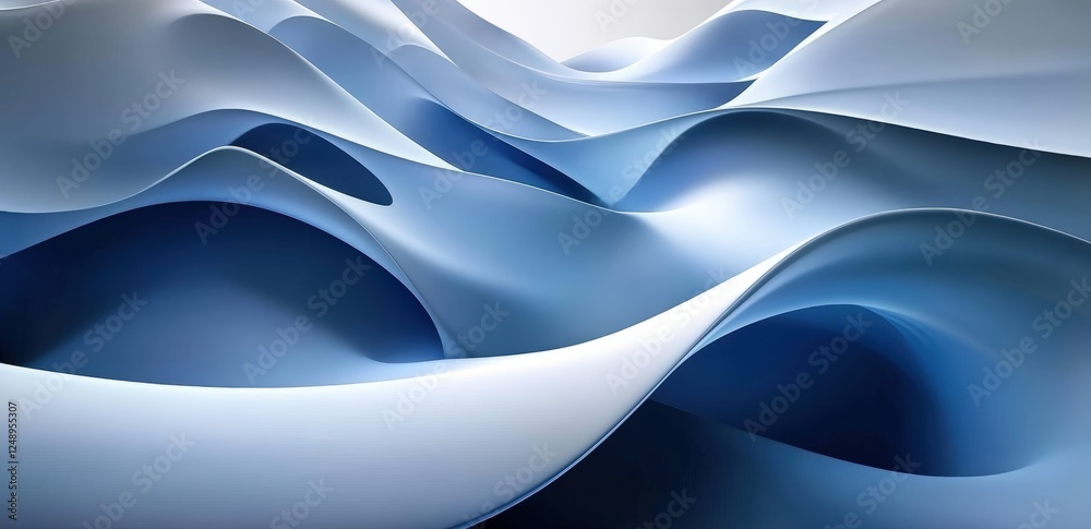 Poster close up of an abstract blue and white wave pattern with soft curves and flowing shapes evoking calm