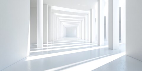 Obraz premium Sunlit white corridor, modern building, receding perspective, architecture design