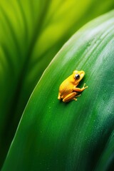 Golden poison frog sitting on a vibrant green leaf in a rainforest