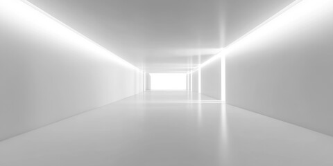 Bright white corridor leading to light, minimalist design, future concept