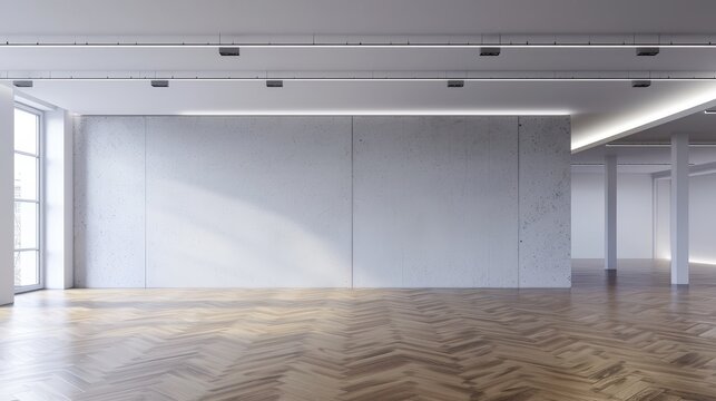 Empty. modern. white interior room with large window. hardwood floors. and white walls