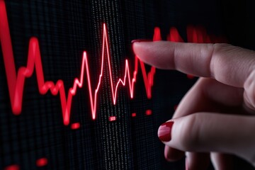 Fototapeta premium A hand pointing at a digital heartbeat graph displaying pulse variations in vibrant red colors.