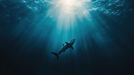 Obraz premium Great white shark swimming toward the viewer in a dramatic composition