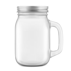 Clear mason jar with handle. Hight realistic vector illustration isolated on white background. Perfect for easy customisation and editing your design. EPS10.	