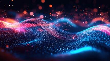 Fototapeta premium Abstract digital waves with glowing particles in a vibrant color scheme.
