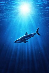 Fototapeta premium Great white shark with a glowing aura surrounded by deep ocean blue