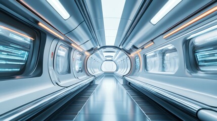 A futuristic corridor with sleek design and glowing elements, suggesting advanced technology.