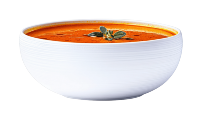 Delicious tomato soup in white bowl kitchen setting isolated on transparent background