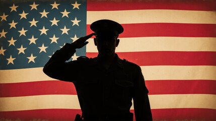 Silhouette of soldier saluting against American flag background, symbolizing patriotism and honor