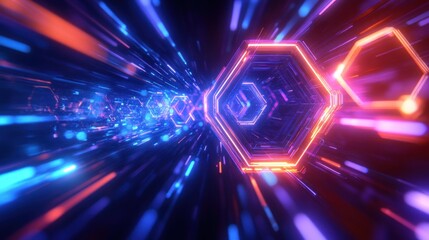A vibrant, abstract design featuring glowing hexagons and light streaks in a futuristic space.