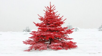 Red Christmas tree in snowy landscape.
