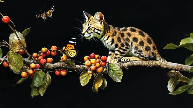 Adorable Rusty-spotted Cat Kitten on Branch with Berries and Butterflies