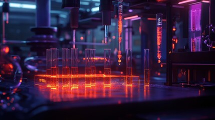 Fototapeta premium A futuristic lab scene with glowing test tubes and advanced scientific equipment.