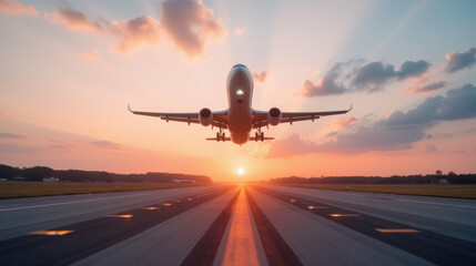 Fototapeta premium plane taking off at sunset, with vibrant colors in sky and runway