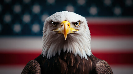 Naklejka premium Majestic eagle with fierce expression against American flag background, symbolizing strength and freedom