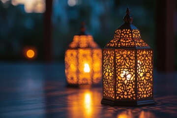 Illuminated lanterns on patio at dusk, Ramadan