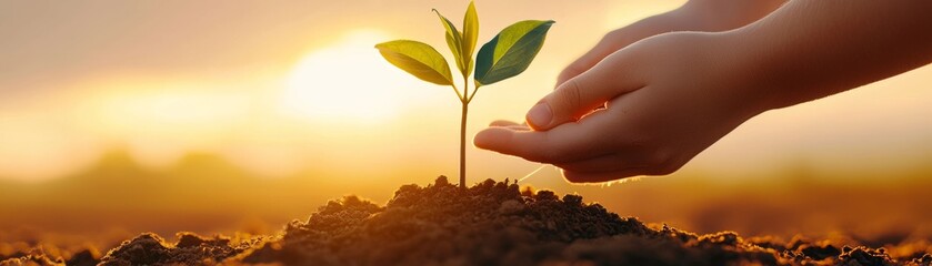 Fototapeta premium A hand nurturing a young plant against a warm sunset backdrop, symbolizing growth and the importance of caring for nature.