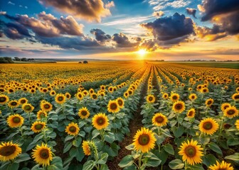 Obraz premium Aerial View of Vast Sunflower Field Under a Stunning Blue Sky - Summer Landscape Photography