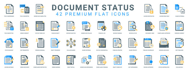 document status flat icon set, stages document go from created to archived, system workflow management process