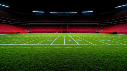 vibrant American football stadium with well maintained green field, bright lights illuminating seating area, and clear view of goalposts. atmosphere is electric, ready for exciting game