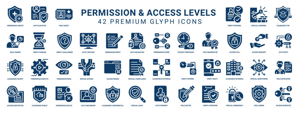 permission access levels set 42 glyph icons, edit denied elevated emergency